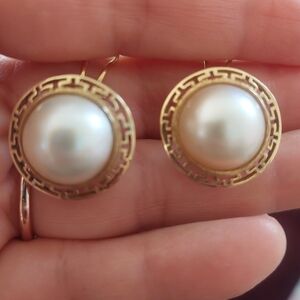 14K Gold Mabe Pearl Earrings, Greek Key Setting,  Pierced French Clip Earrings